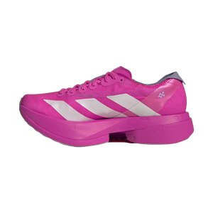 Pink Adidas shoe with white stripes on a white background