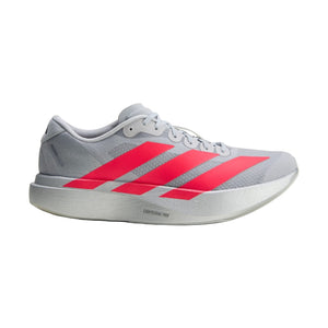 Gray Adidas running shoe with red stripes on a light gray background