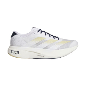 White running shoe with yellow accents on a white background