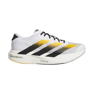 White running shoe with black and yellow accents on a white background