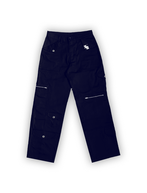 A pair of navy blue cargo pants with multiple pockets and a front lock detail, laid flat on a white background.