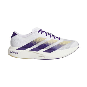 White running shoe with purple and gold accents on a white background