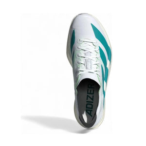 White and green sports shoe with 'Adizero' branding on a white background