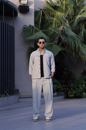 BASIC PLEATED PANTS IN ASH BLUE - YB