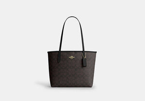 Medium City Tote Bag In Signature Canvas - Gold/Walnut/Black