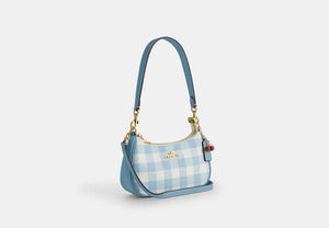 Teri Mini Crossbody Bag With Gingham Print And Charm - Gold/Blue Multi