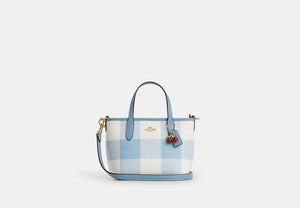 City Mini Tote Bag With Gingham Print And Charm - Gold/Blue Multi