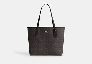 City Tote Bag In Signature Canvas - Gold/Walnut/Black