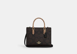 Maggie Small Tote Bag In Blocked Signature Canvas - Gold/Walnut/Tan