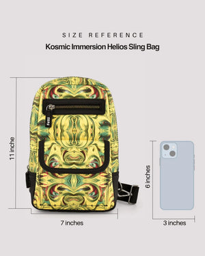 Kosmic Immersion Helios Sling Bag with size reference on a white background