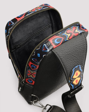 Close-up of premium zipper closure on sling bag on a light gray background