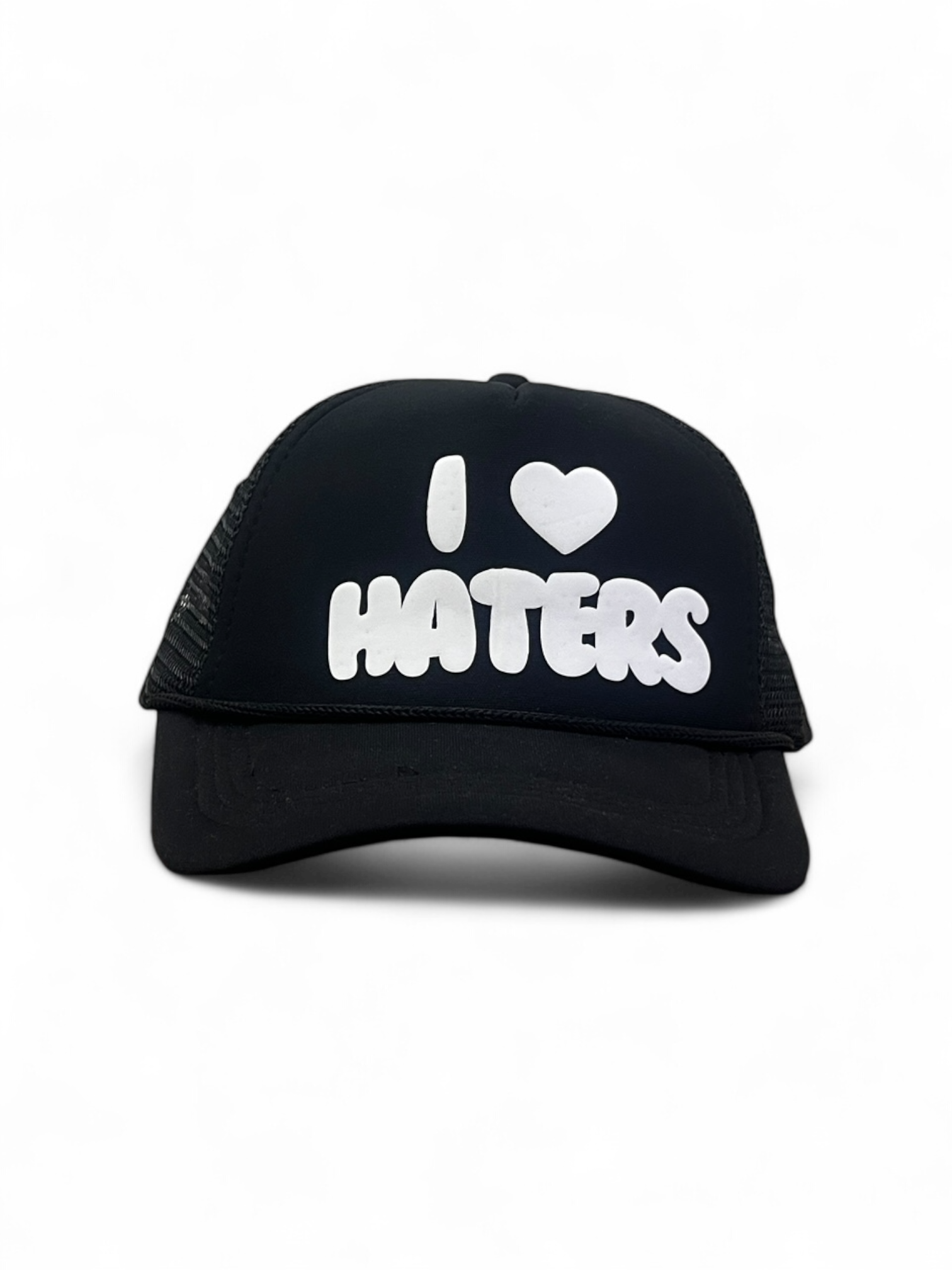 Black cap with 'I ❤️ HATERS' text on a white background