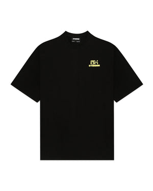 Black t-shirt with a yellow logo on a white background