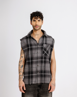 Shredded Checks - Smoke - Evrhood shredded sleeveless check shirt