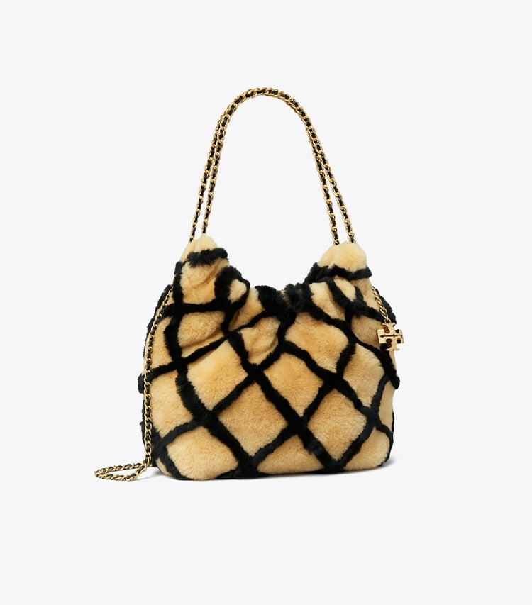 Tory Burch Mini Fleming Shearling Hobo Bag Toffee