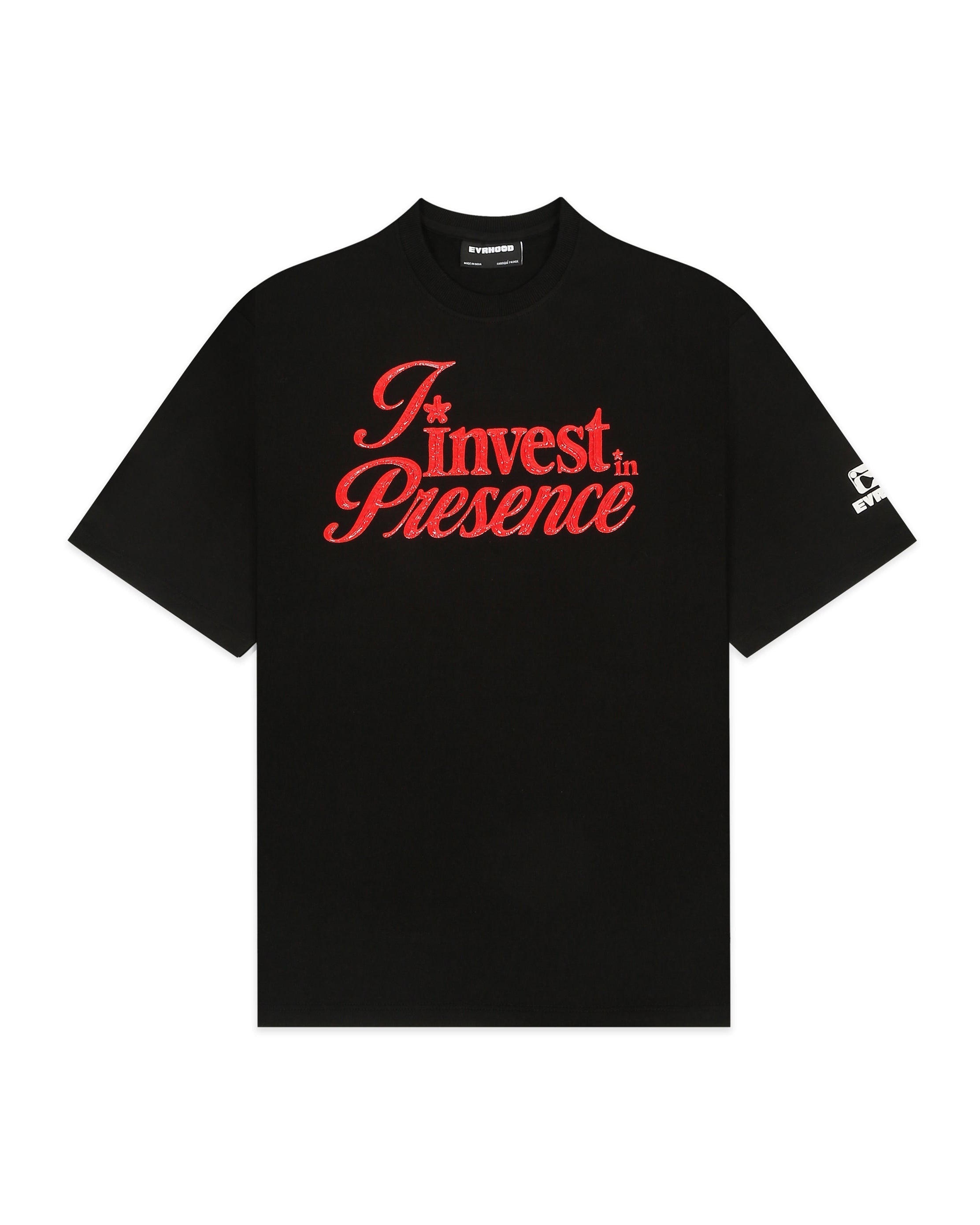 Black t-shirt with red text on a white background