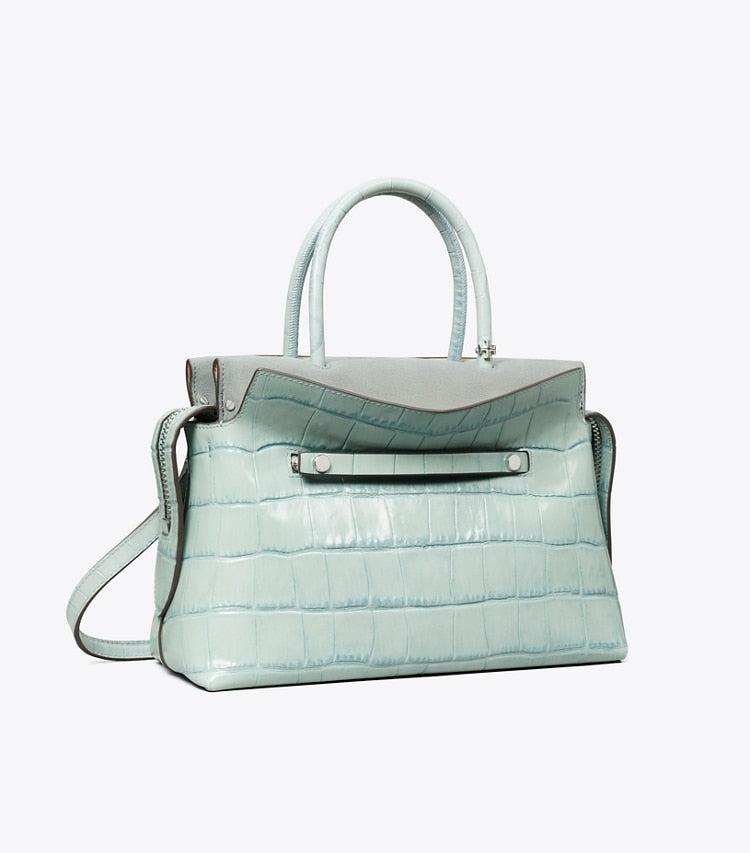 Tory Burch Mercer Croc-Embossed Satchel Blue Celadon