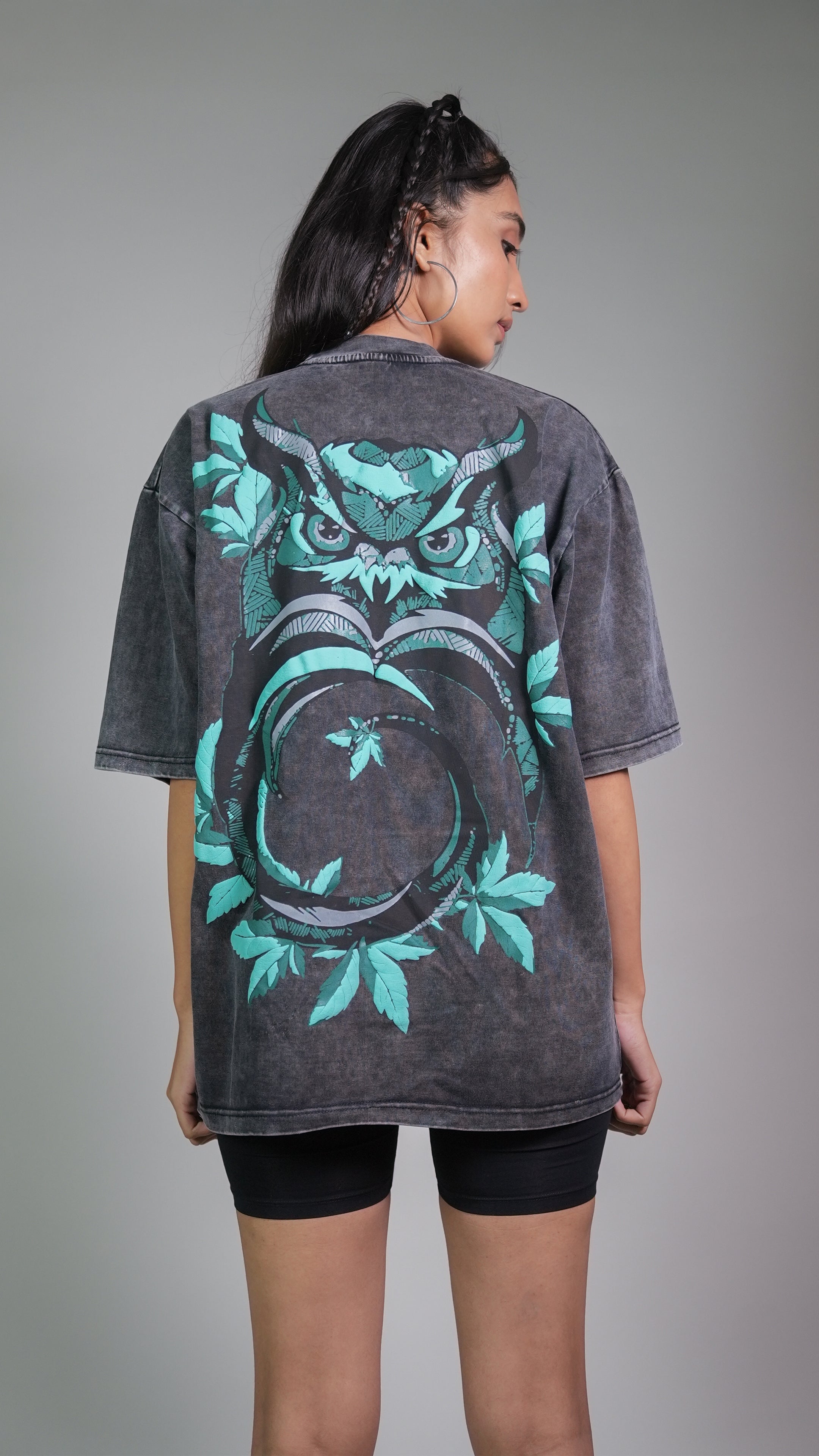 OWL VISION DARK GREY ACIDWASH WOMEN’S OVERSIZED T-SHIRT