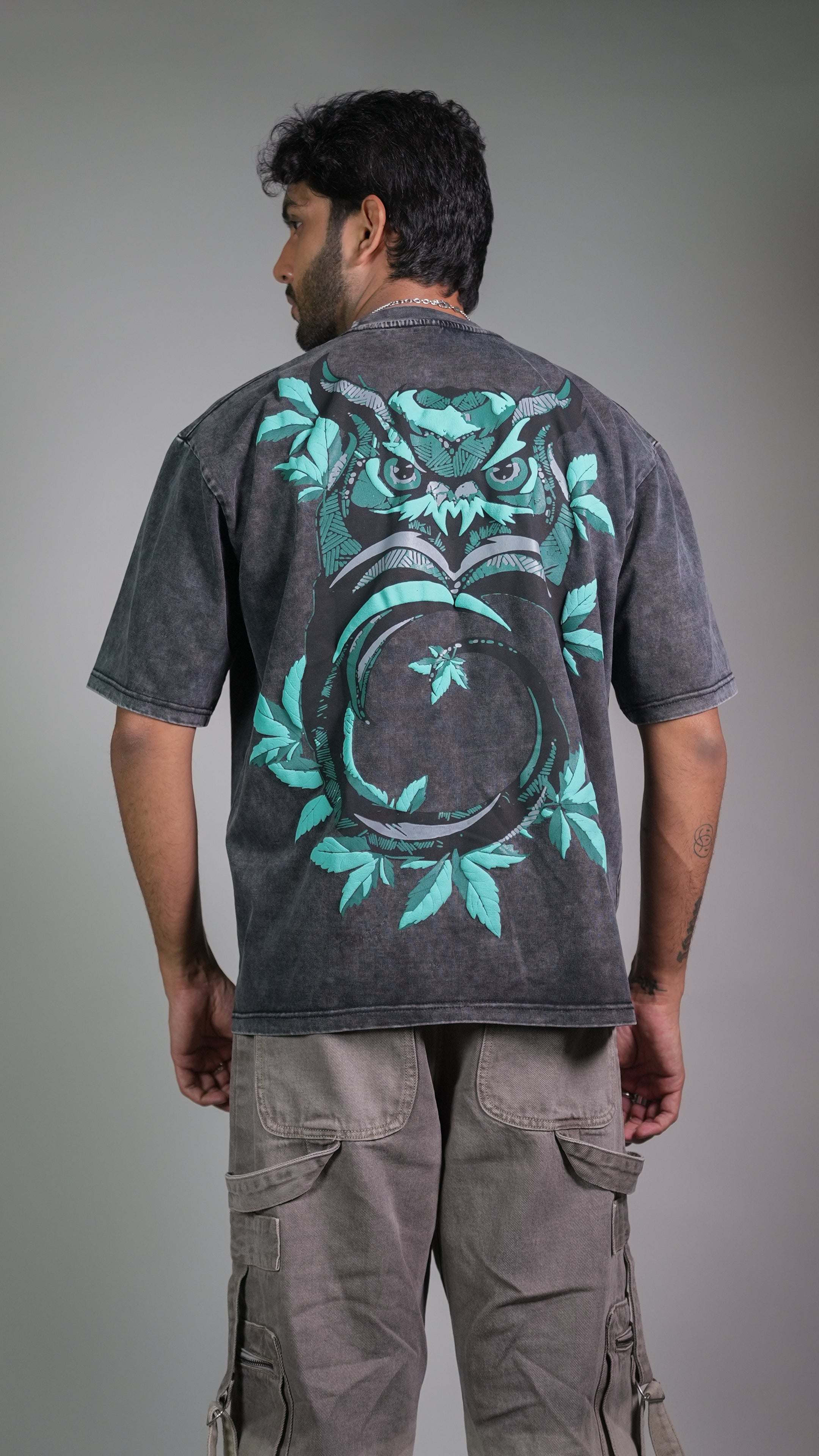 OWL VISION DARK GREY ACIDWASH MEN’S OVERSIZED T-SHIRT