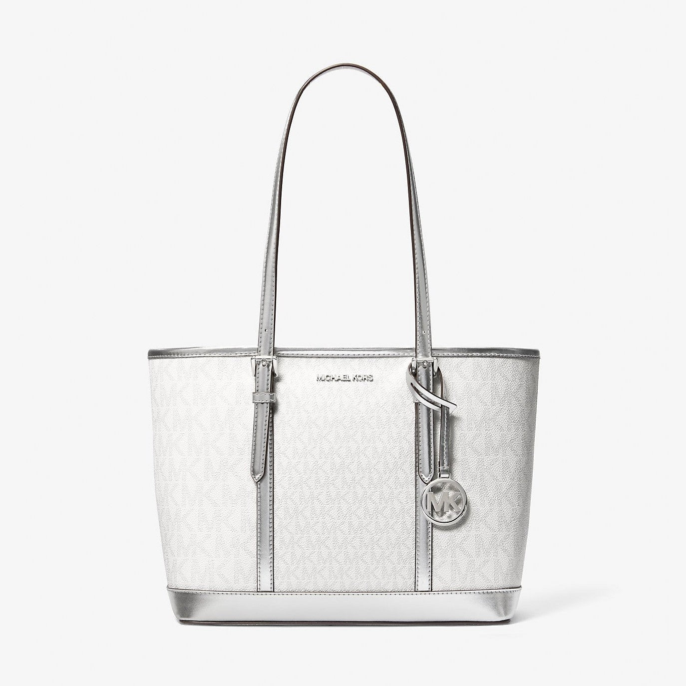 Michael Kors Jet Set Travel Small Metallic Logo Top-Zip Tote Bag Silver