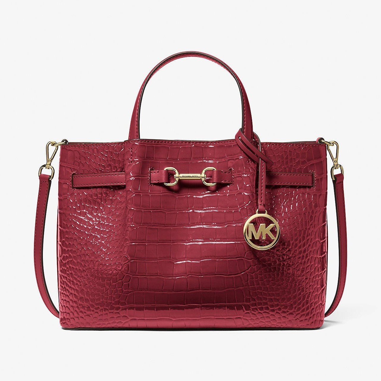 Michael Kors Carson Medium Crocodile Embossed Satchel Cherry