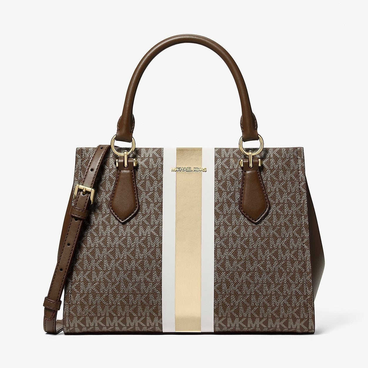 Michael Kors Marilyn Medium Signature Logo Stripe Satchel Brown