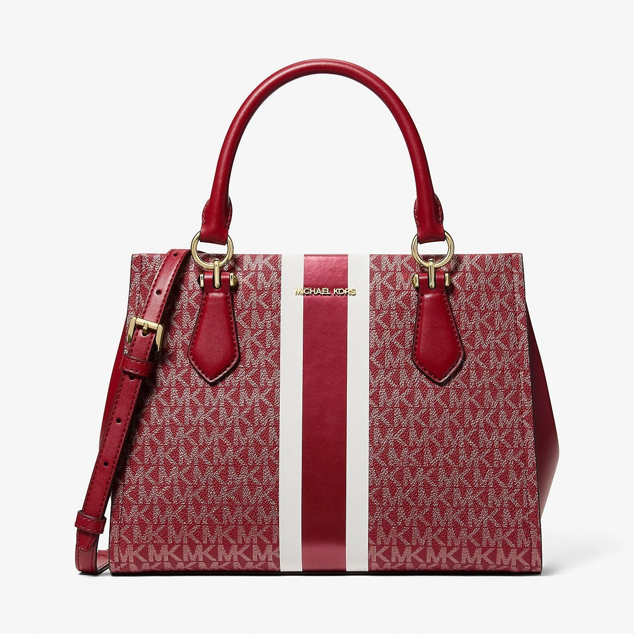 Michael Kors Marilyn Medium Signature Logo Stripe Satchel Cherry