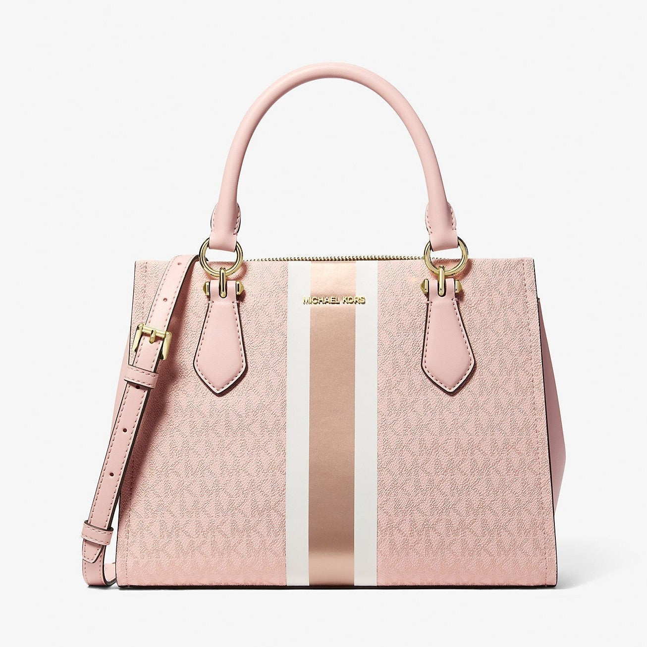 Michael Kors Marilyn Medium Signature Logo Stripe Satchel Powder Blush