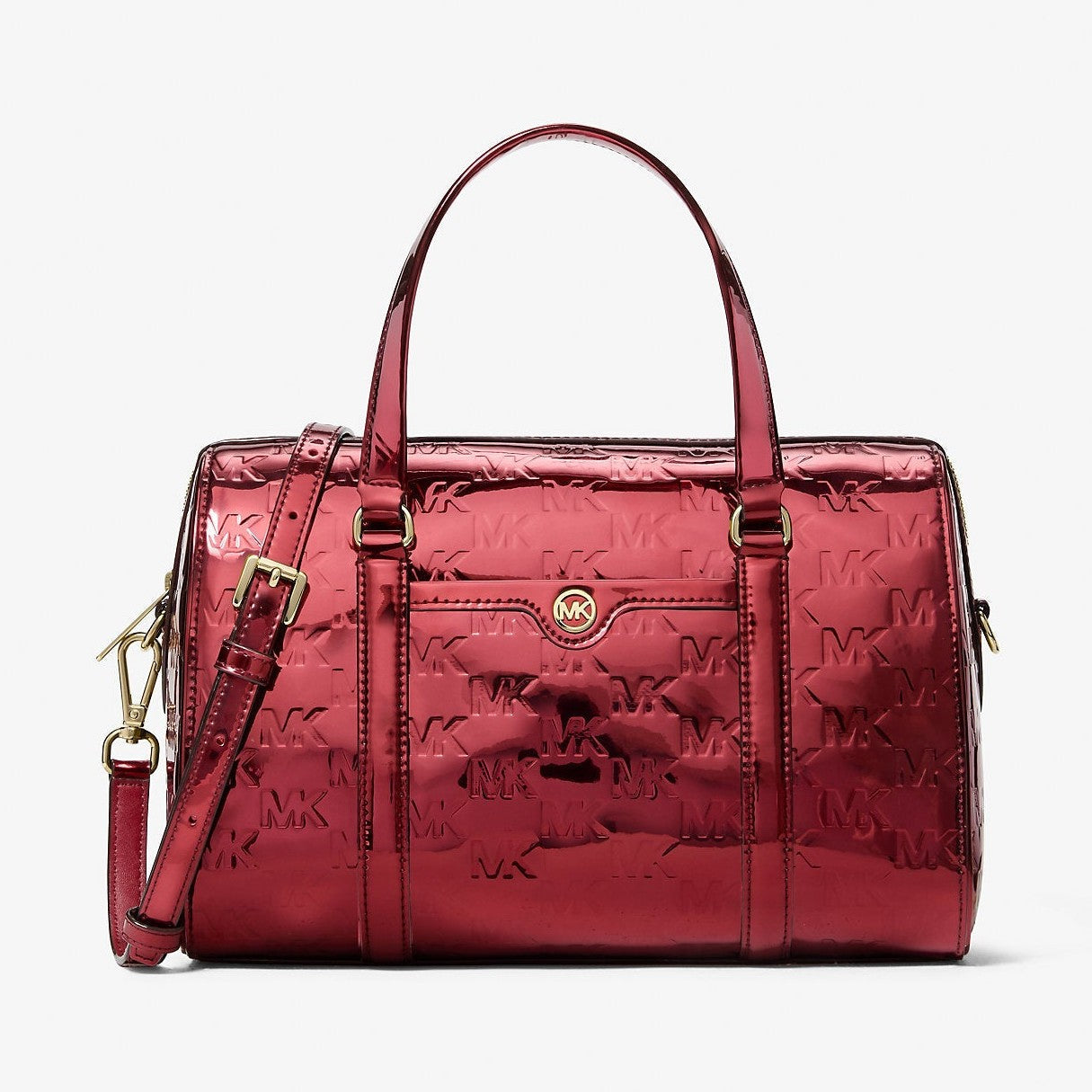 Michael Kors Jet Set Medium Metallic Logo Debossed Satchel Cherry