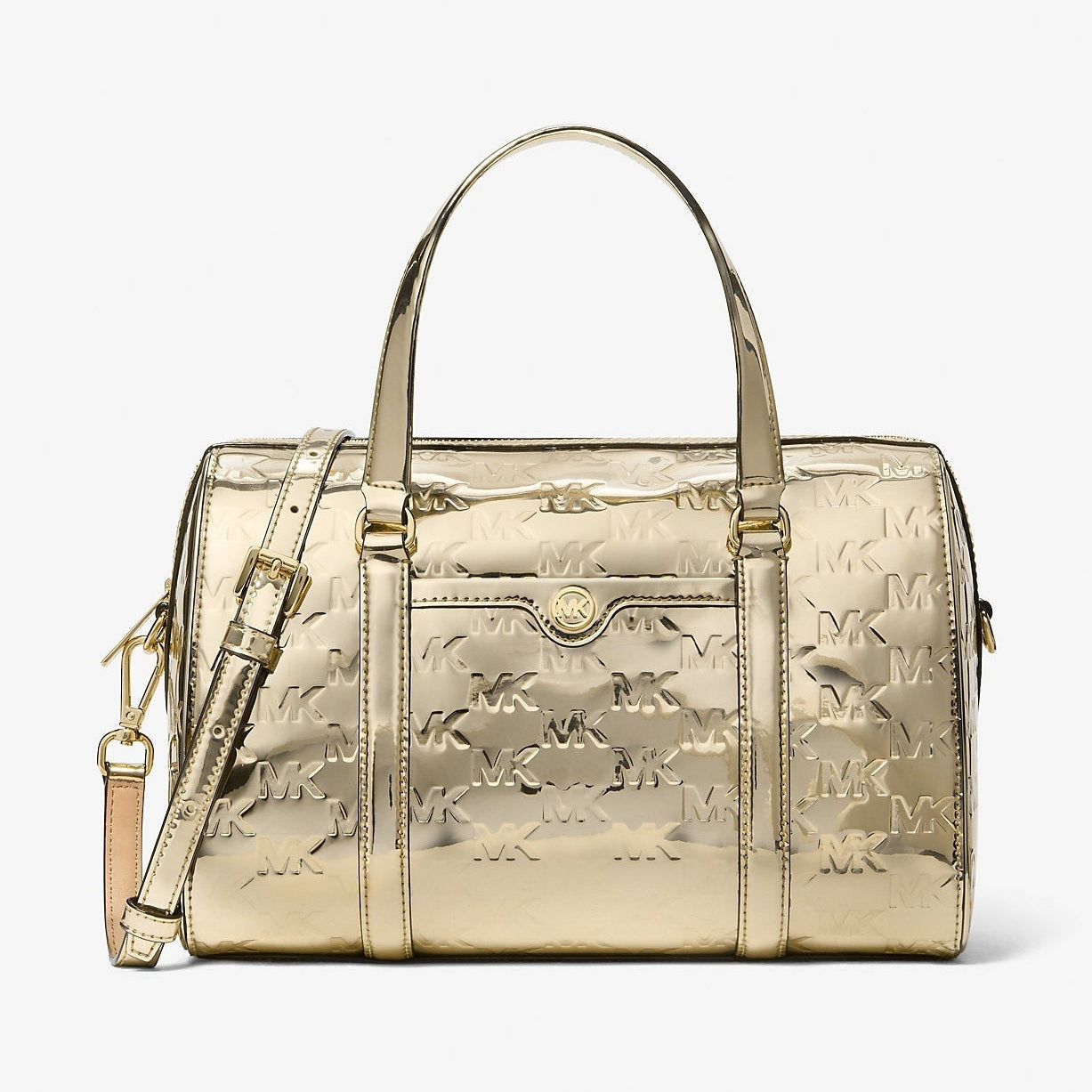 Michael Kors Jet Set Medium Metallic Logo Debossed Satchel Pale Gold