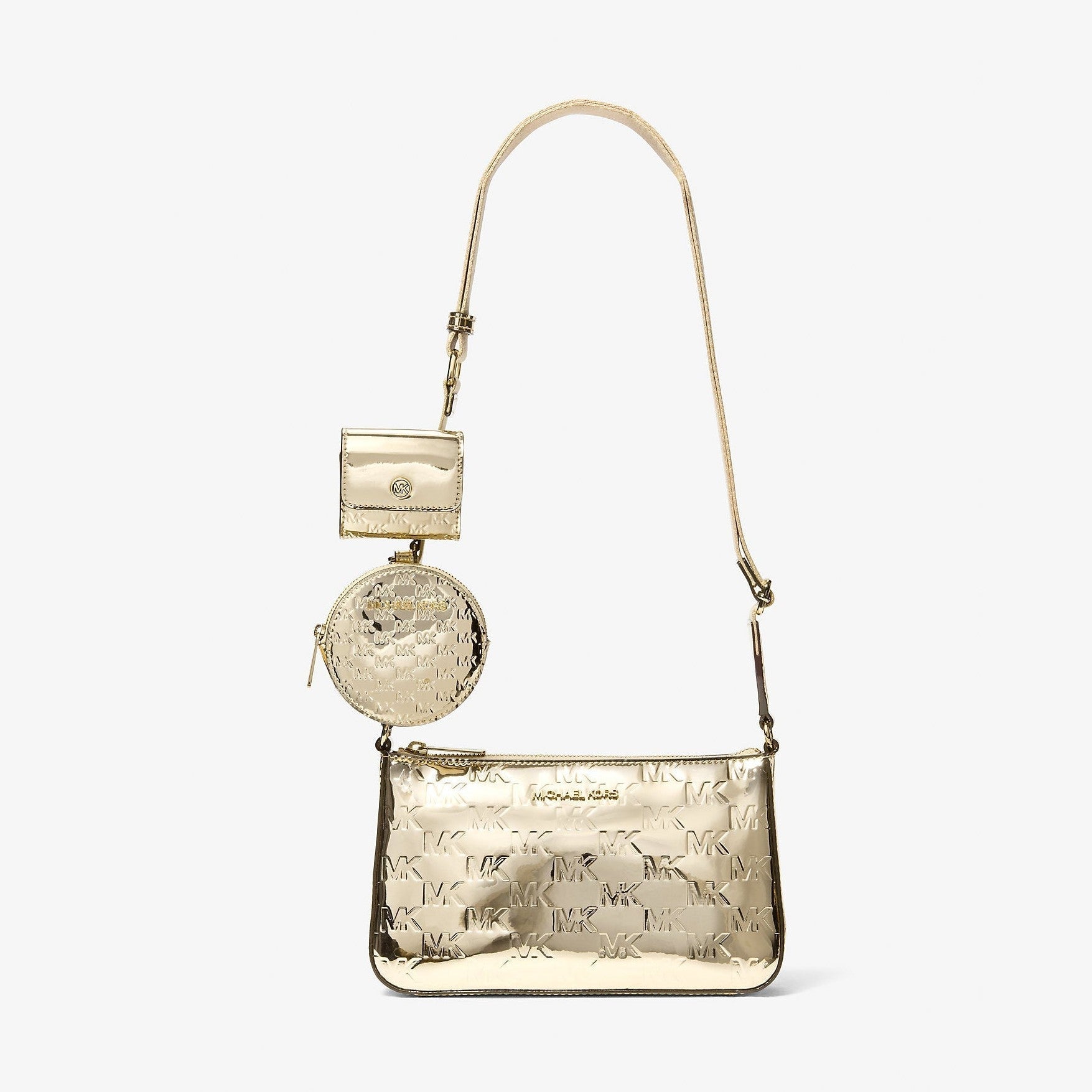 Michael Kors Jet Set Small Metallic Logo Debossed Crossbody Bag with Case for Apple Airpods Pro® Pale Gold