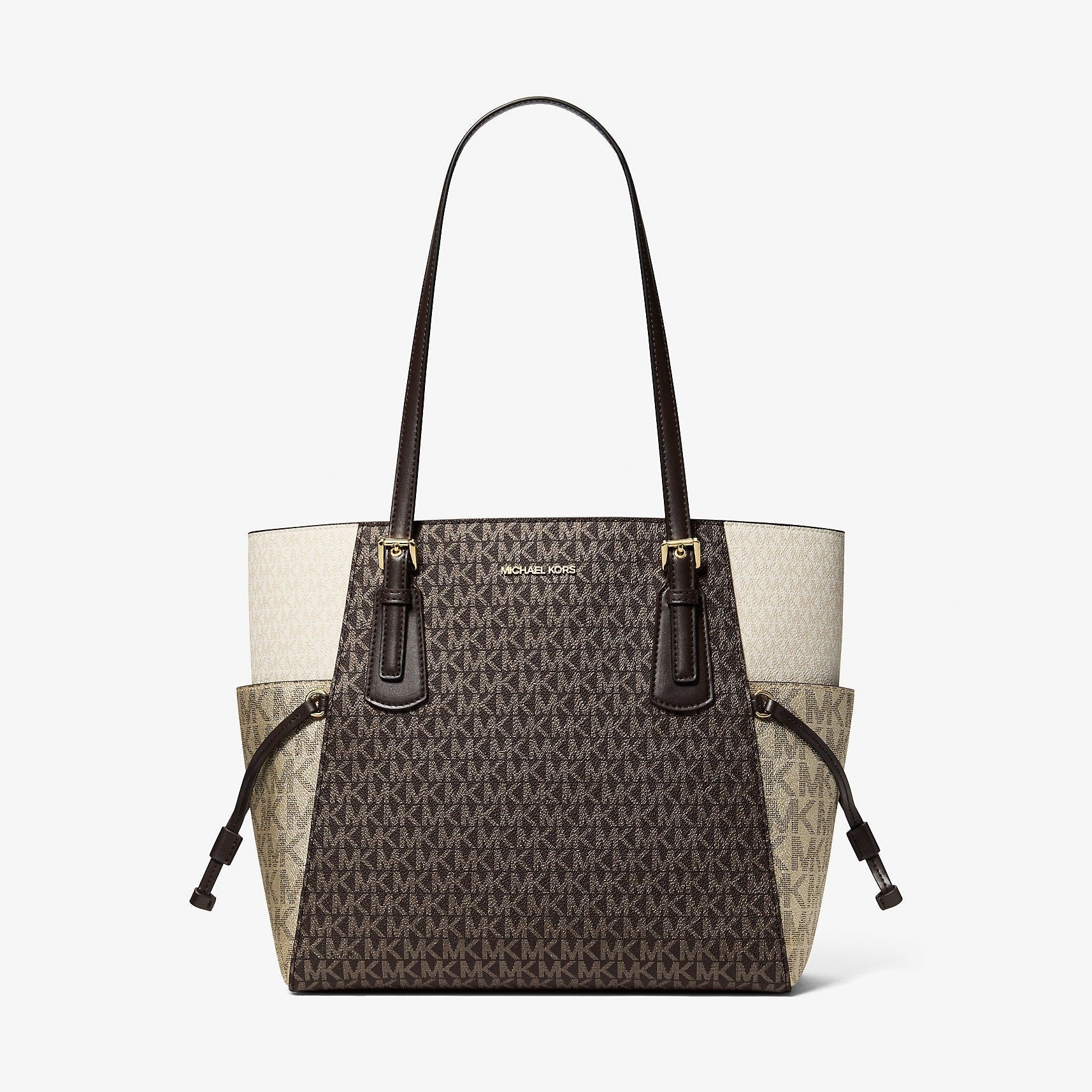 Michael Kors Voyager Large Color-Block Metallic Signature Logo Tote Bag Brown