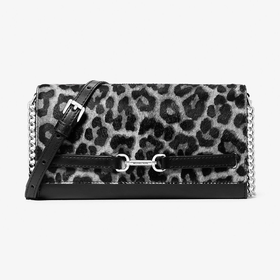 Michael Kors Carson Large Leopard Print Calf Hair Convertible Crossbody Bag Black