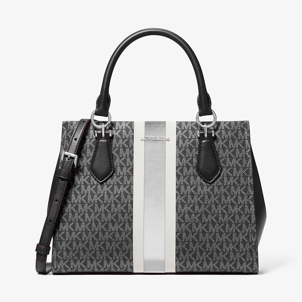 Michael Kors Marilyn Medium Signature Logo Stripe Satchel Black