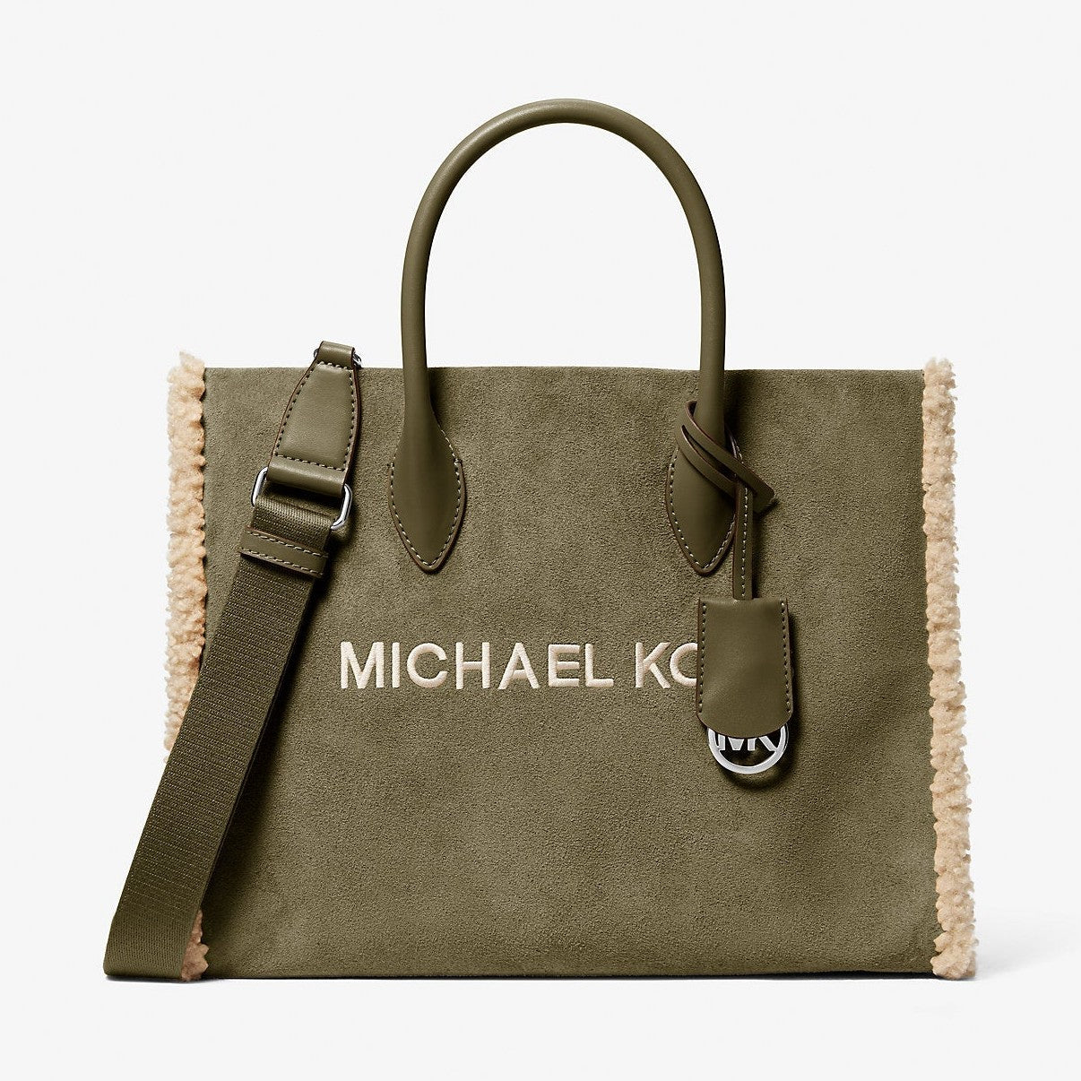Michael Kors Mirella Medium Suede and Faux Shearling Tote Bag Olive