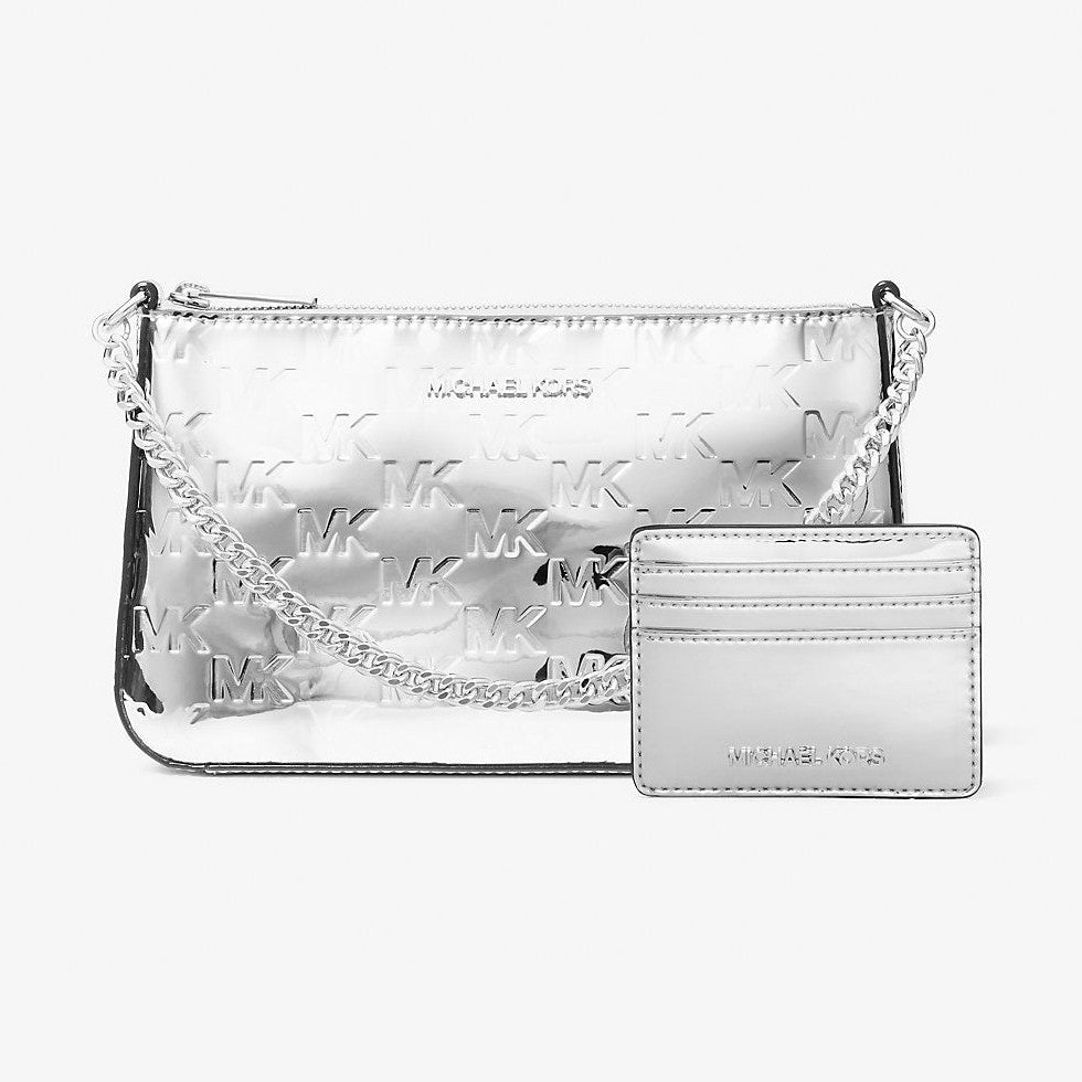 Michael Kors Jet Set Patent Logo Debossed Pochette and Card Case Gift Set Silver