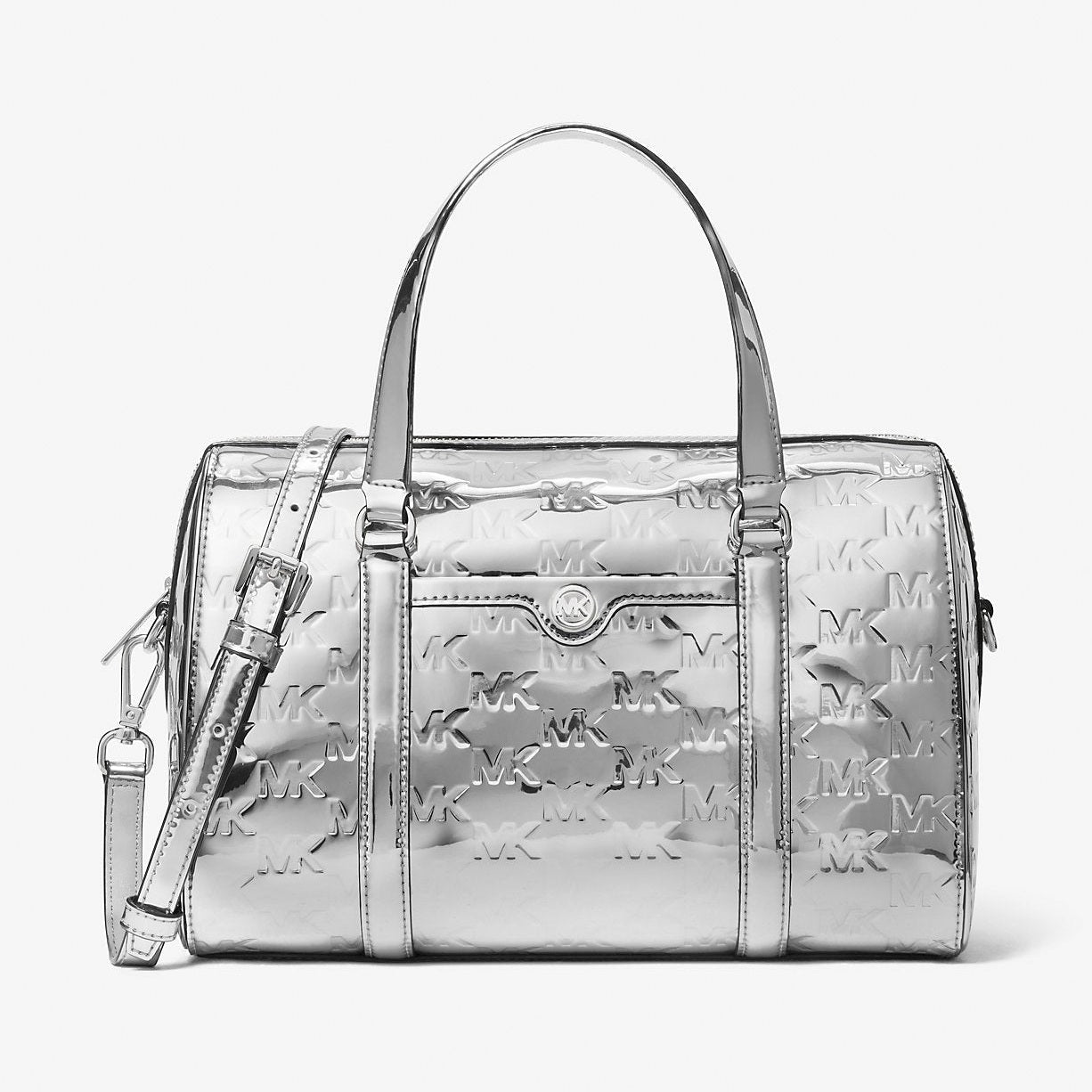 Michael Kors Jet Set Medium Patent Logo Debossed Duffel Crossbody Bag Silver
