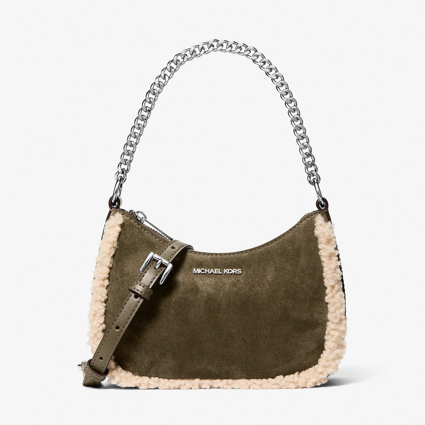 Michael Kors Jet Set Small Suede and Faux Shearling Convertible Crossbody Bag Olive