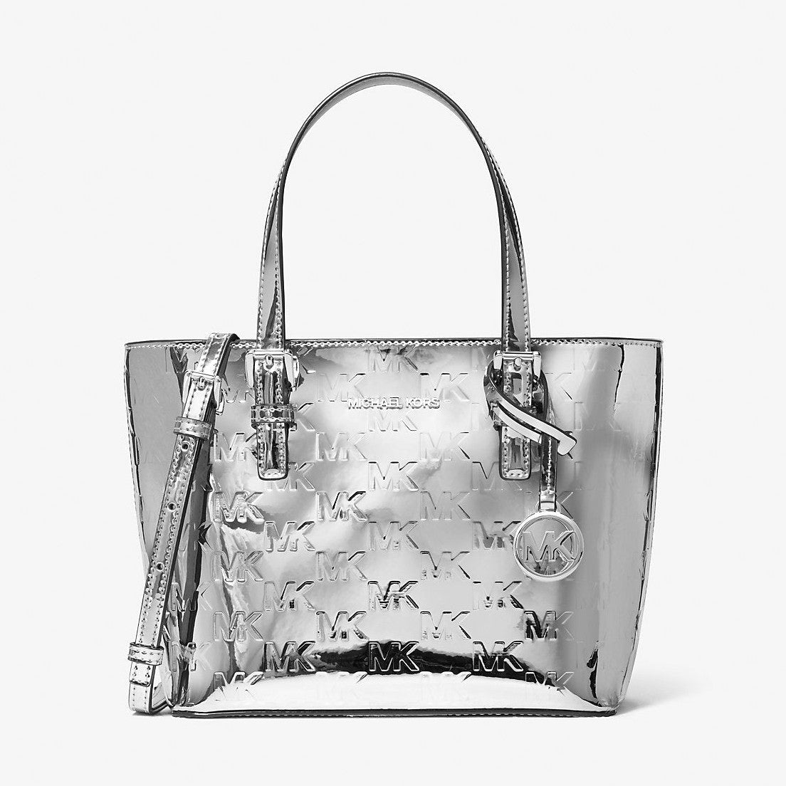 Michael Kors Jet Set Extra-Small Patent Logo Debossed Convertible Tote Bag Silver