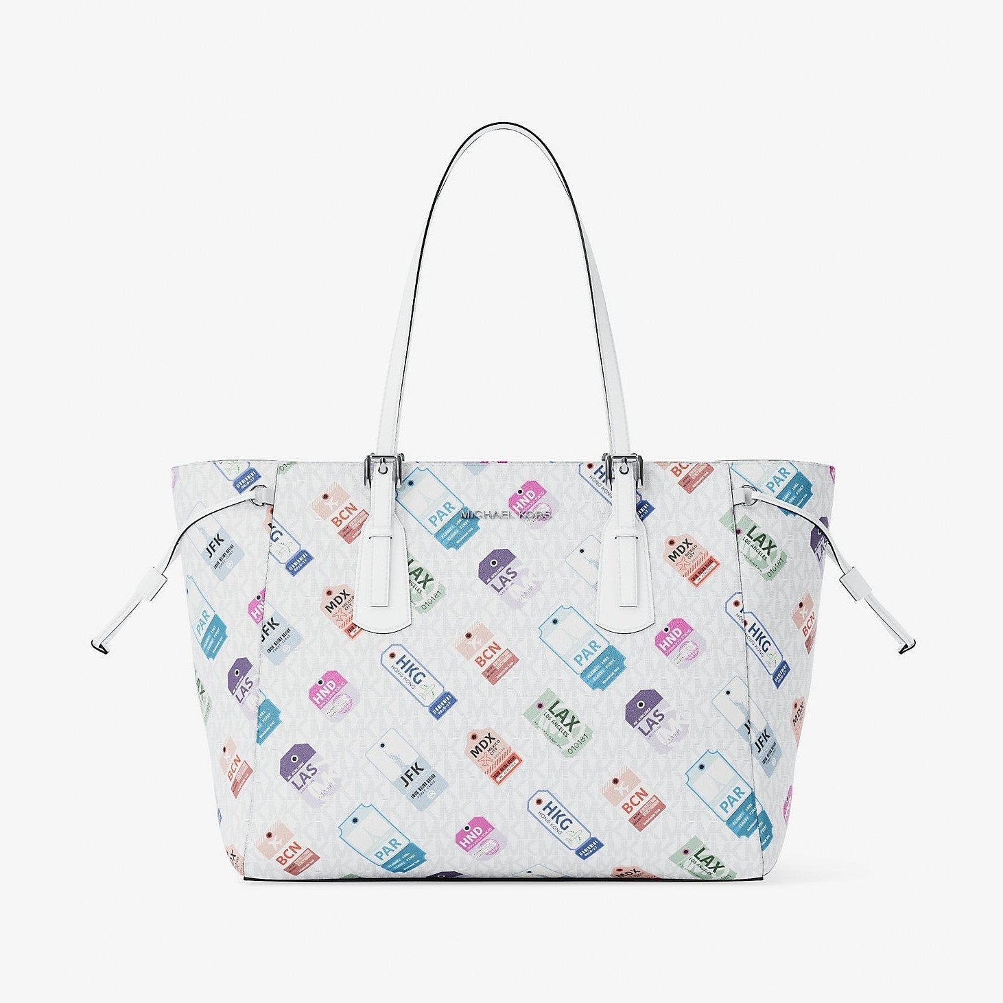 Michael Kors Voyager Large Printed Signature Logo Tote Bag Optic White