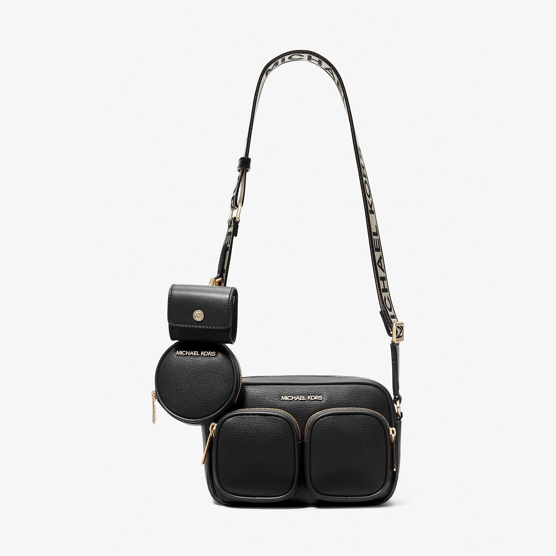 Michael Kors Jet Set Medium Leather Crossbody Bag with Case for Apple Airpods Pro® Black