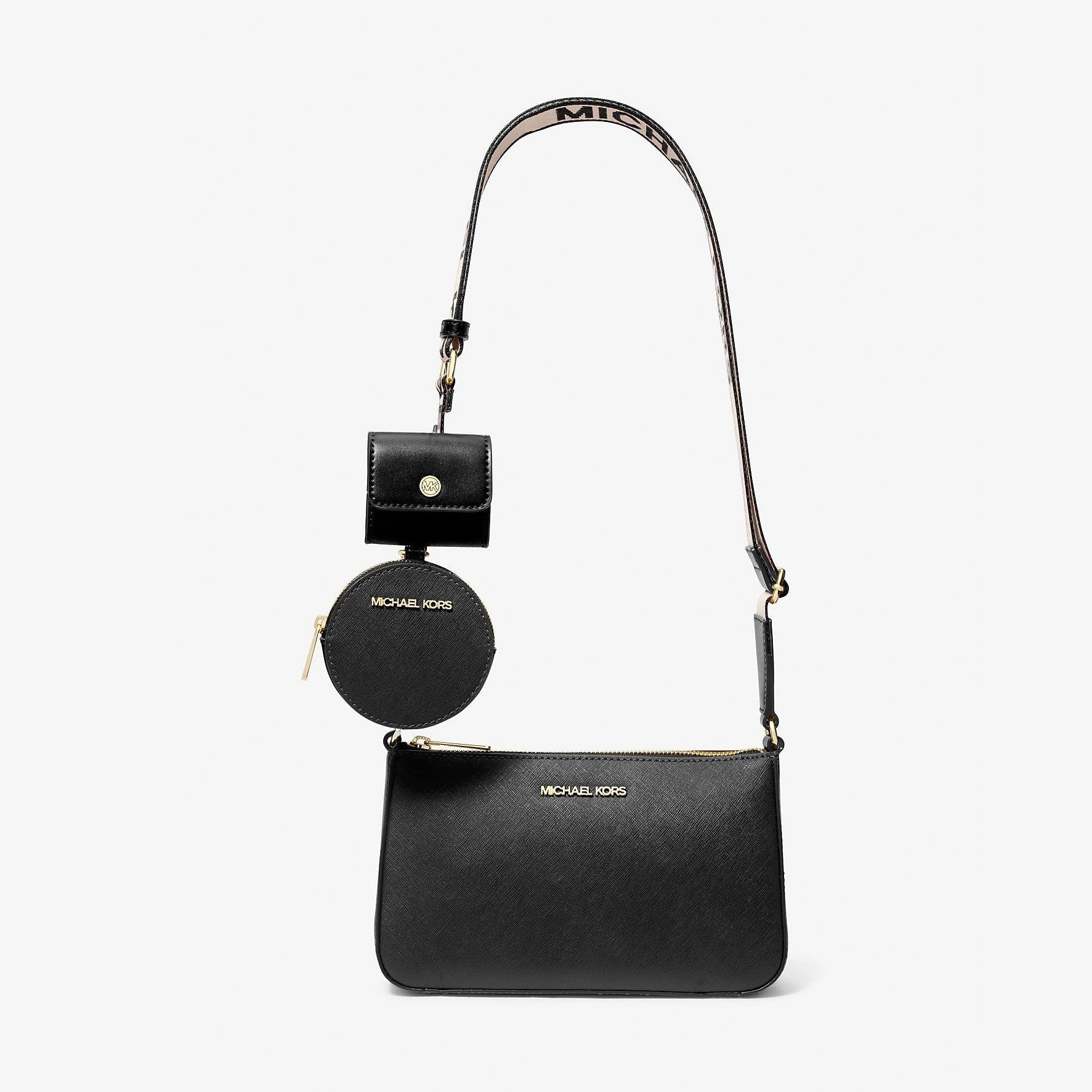 Michael Kors Jet Set Saffiano Leather Crossbody Bag with Case for Apple Airpods Pro Black