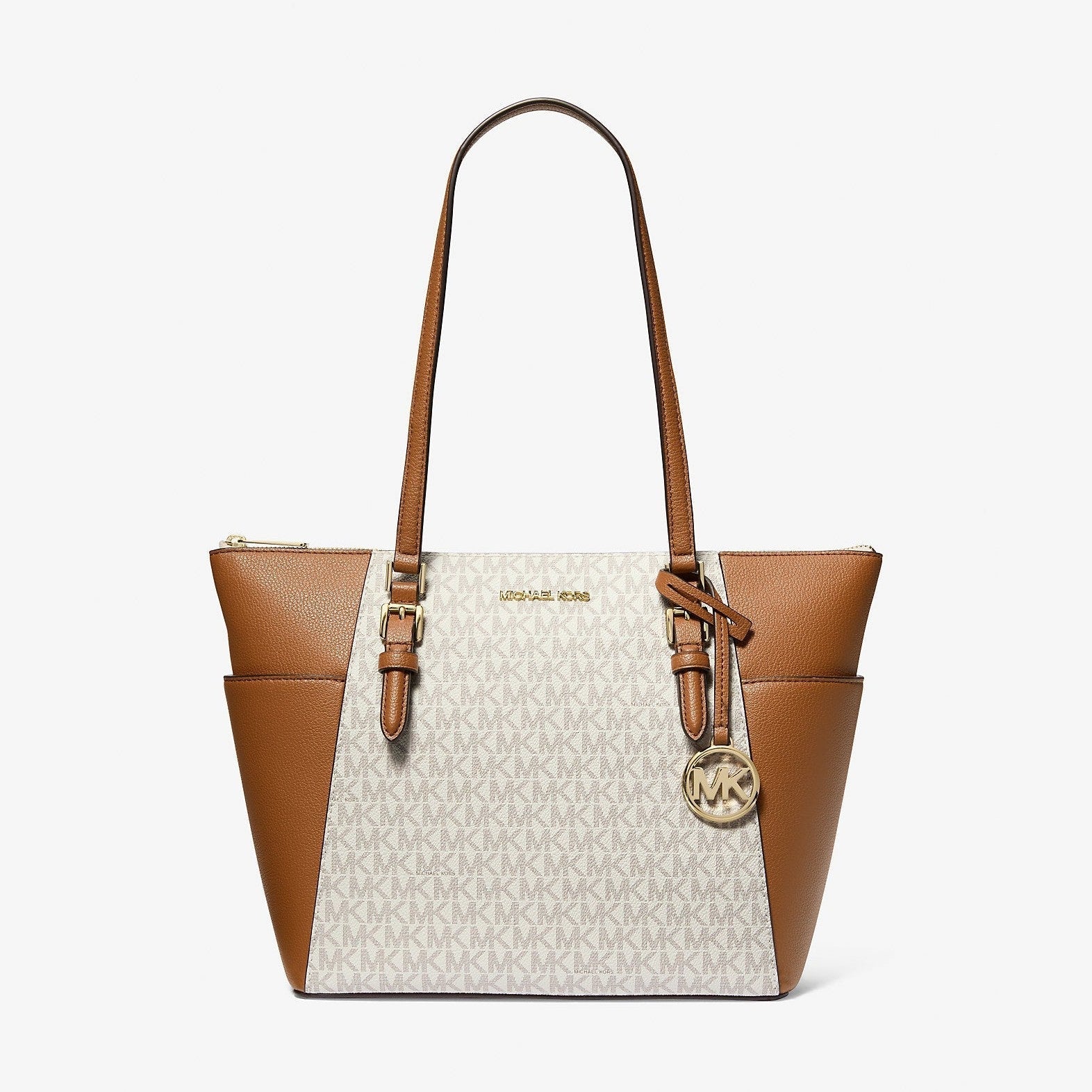 Michael Kors Charlotte Large Logo and Leather Top-Zip Tote Bag Vanilla