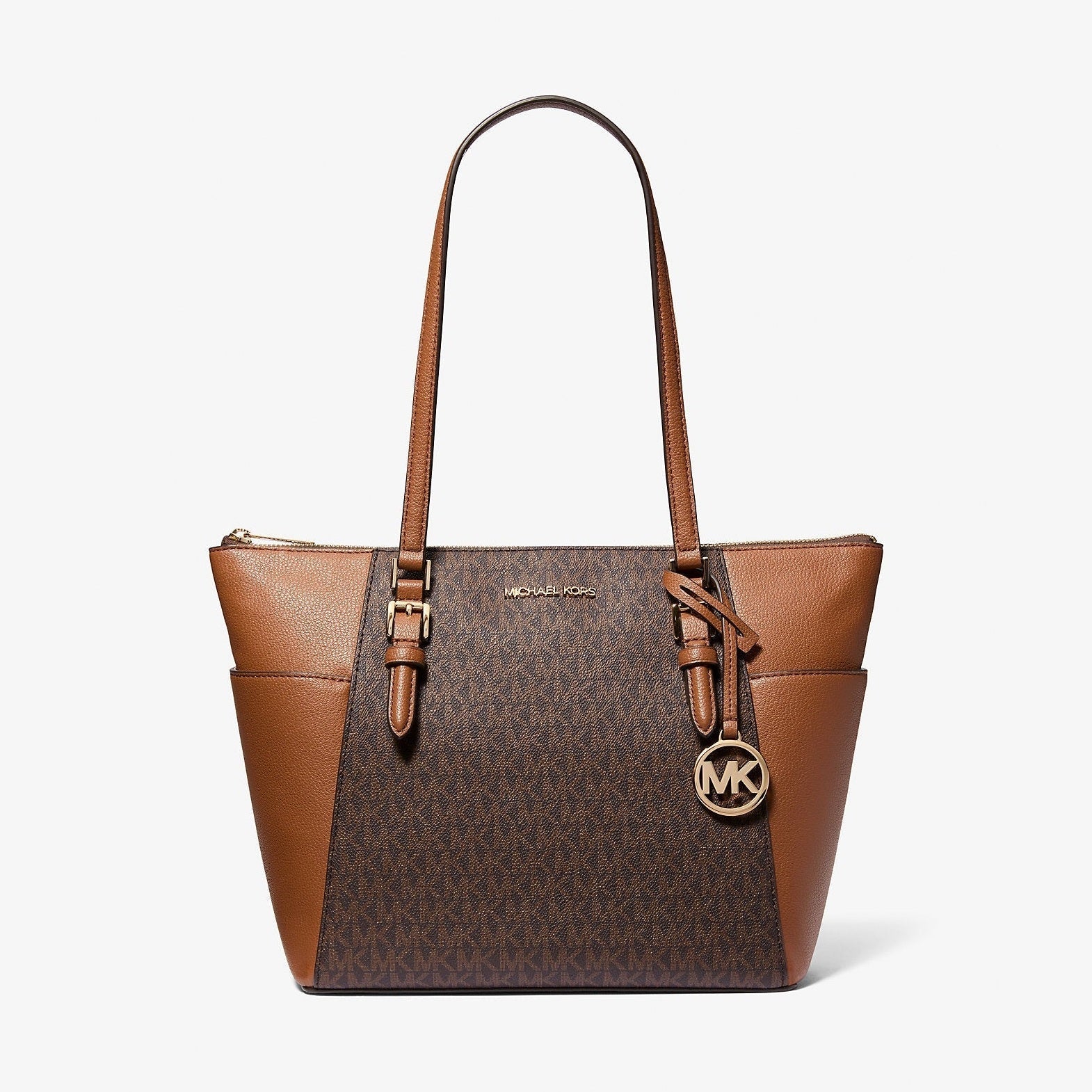 Michael Kors Charlotte Large Logo and Leather Top-Zip Tote Bag Brown