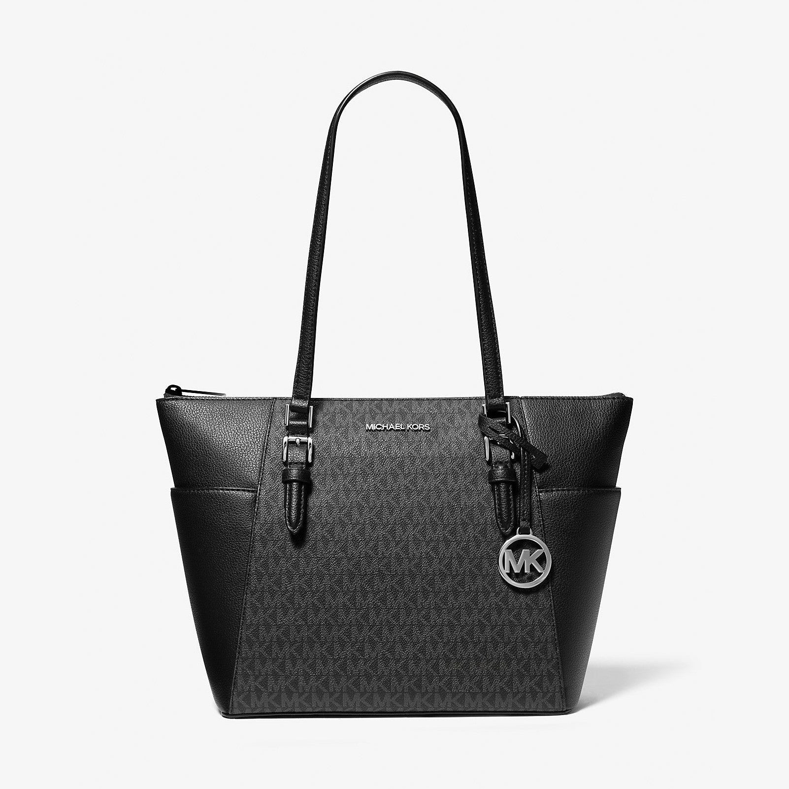 Michael Kors Charlotte Large Logo and Leather Top-Zip Tote Bag Black