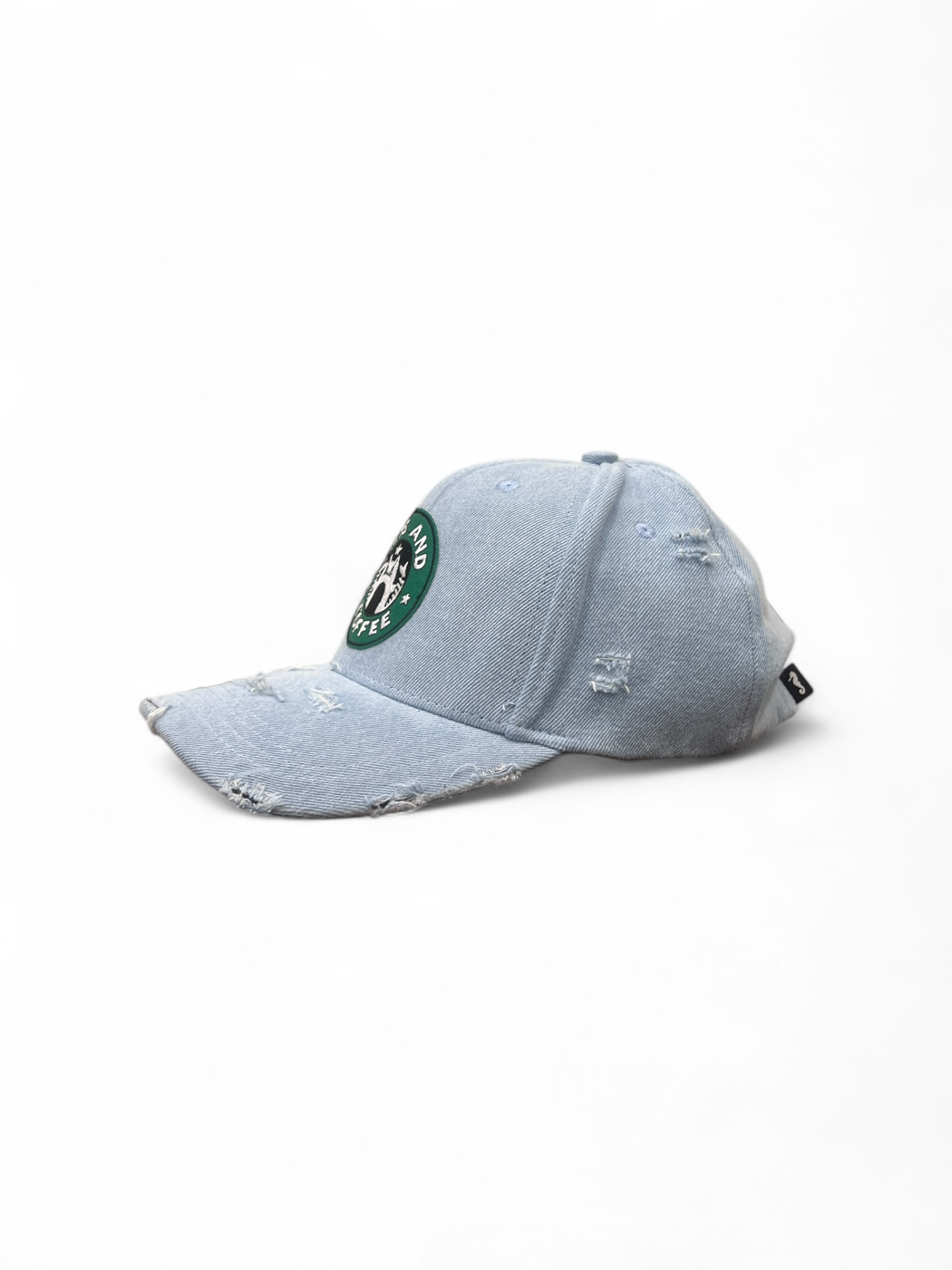 Light blue distressed baseball cap with a logo on a white background