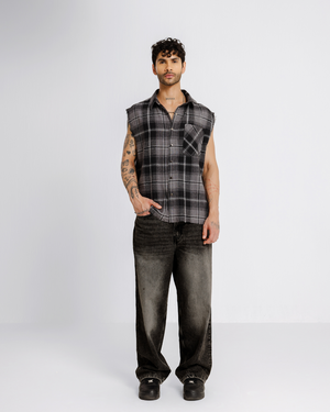 Shredded Checks - Smoke - Evrhood shredded sleeveless check shirt