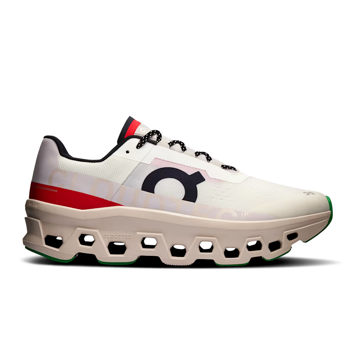 White athletic shoe with red and black accents on a white background