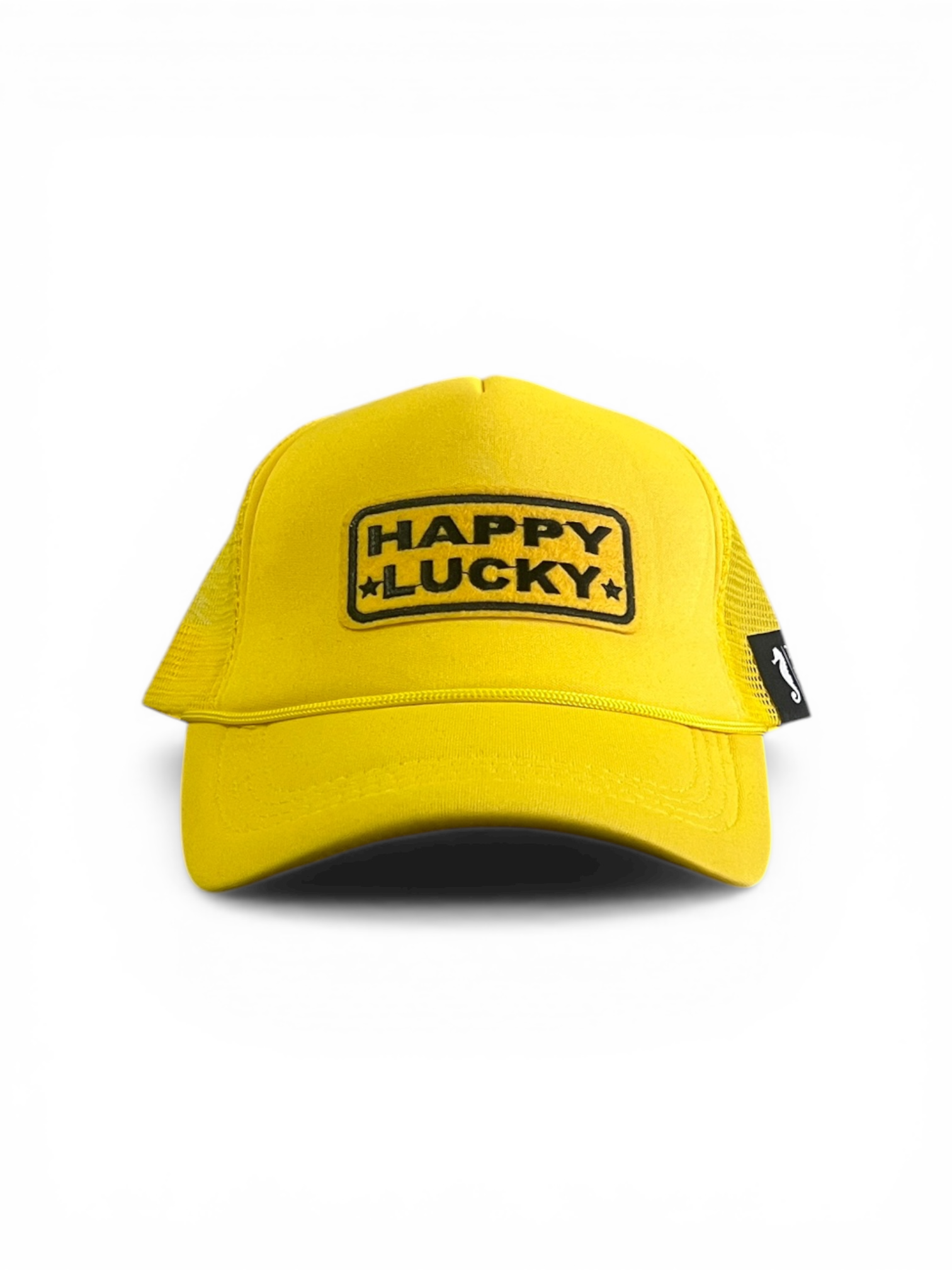 Yellow cap with 'Happy Lucky' logo on a white background