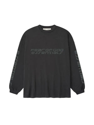 Black long-sleeve shirt with 'Fear of God Essentials' text on a white background